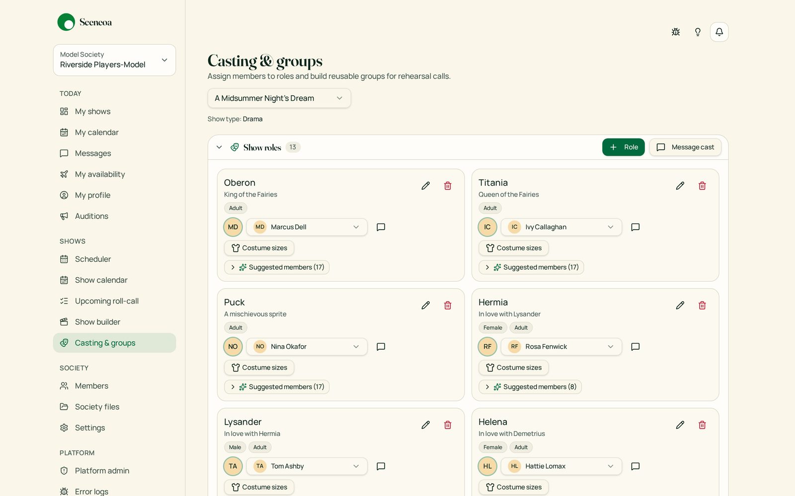 Sceneoa Casting & groups screen