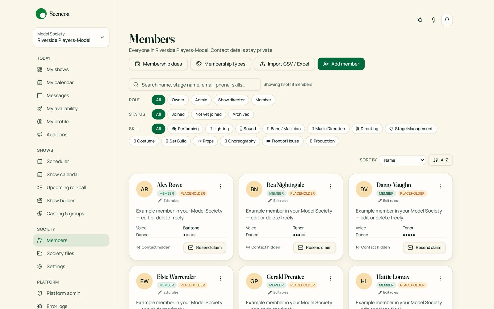 Sceneoa Members screen