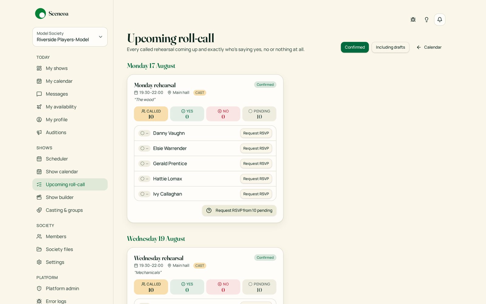 Sceneoa Upcoming roll-call screen